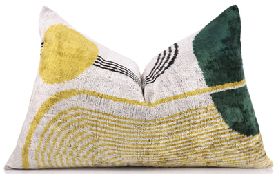 Luxury Silk Velvet Pillow 16x24 – Handmade Modern Geometric Lumbar Cushion in Yellow & Green