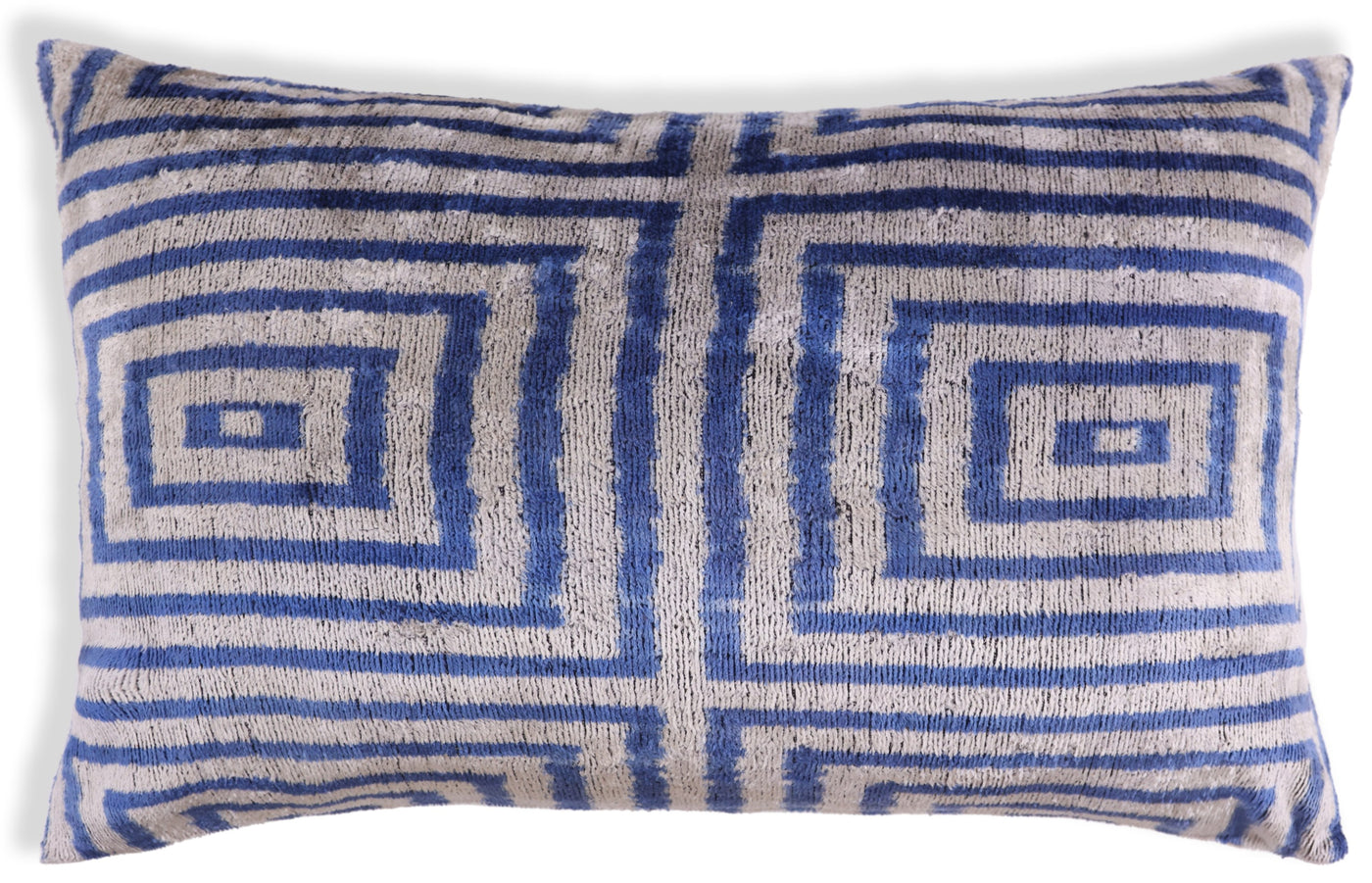 Luxury Silk Velvet Pillow 16x24 – Handmade Blue Geometric Square Lumbar Cushion