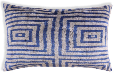 Luxury Silk Velvet Pillow 16x24 – Handmade Blue Geometric Square Lumbar Cushion