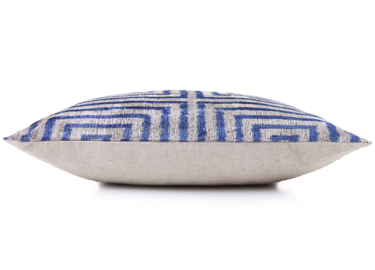 Luxury Silk Velvet Pillow 16x24 – Handmade Blue Geometric Square Lumbar Cushion
