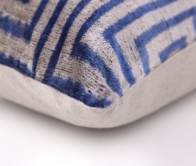 Luxury Silk Velvet Pillow 16x24 – Handmade Blue Geometric Square Lumbar Cushion