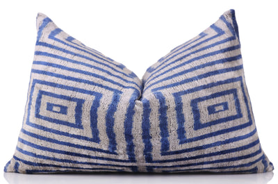 Luxury Silk Velvet Pillow 16x24 – Handmade Blue Geometric Square Lumbar Cushion