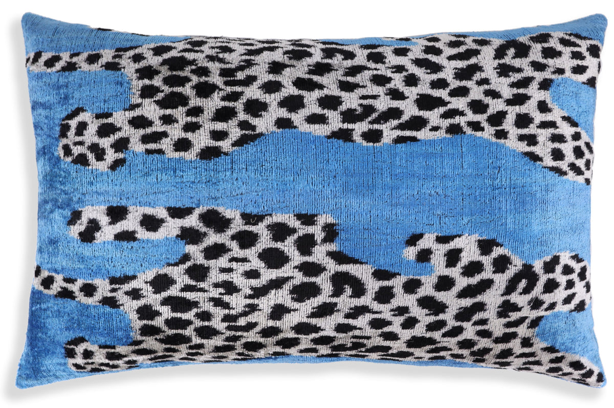 Luxury Blue Leopard Velvet Pillow 16x24 – Handmade Silk Lumbar Cushion with Bold Animal Print