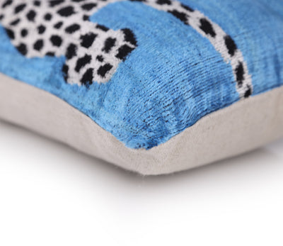 Luxury Blue Leopard Velvet Pillow 16x24 – Handmade Silk Lumbar Cushion with Bold Animal Print