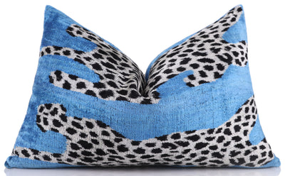 Luxury Blue Leopard Velvet Pillow 16x24 – Handmade Silk Lumbar Cushion with Bold Animal Print