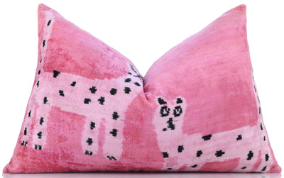 Handmade Pink Velvet Lumbar Pillow 16x24 – Designer Leopard Motif Luxury Cushion
