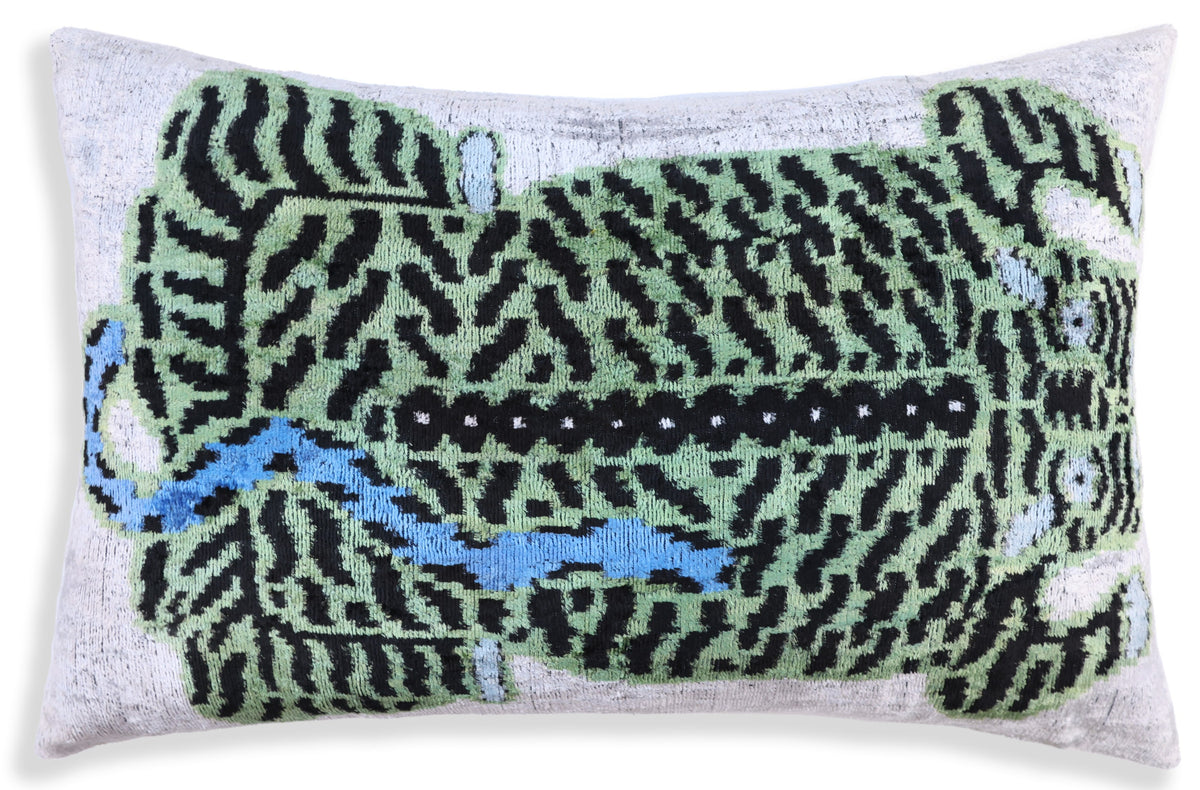 Handmade Green Tiger Velvet Lumbar Pillow 16x24 – Artisan Silk Cushion with Blue Accents