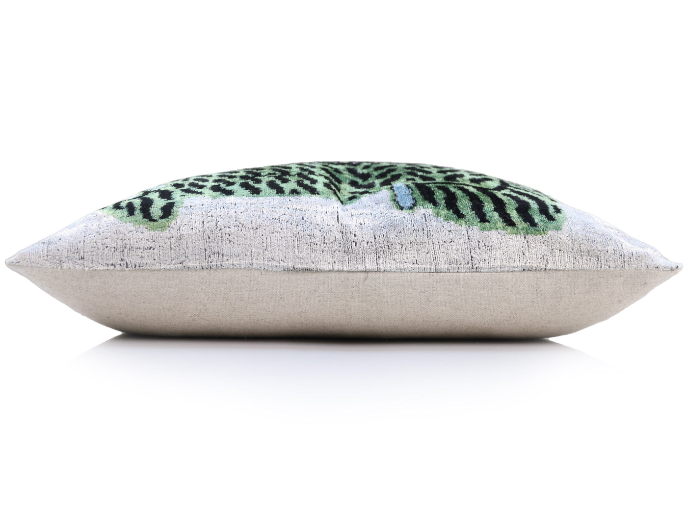 Handmade Green Tiger Velvet Lumbar Pillow 16x24 – Artisan Silk Cushion with Blue Accents