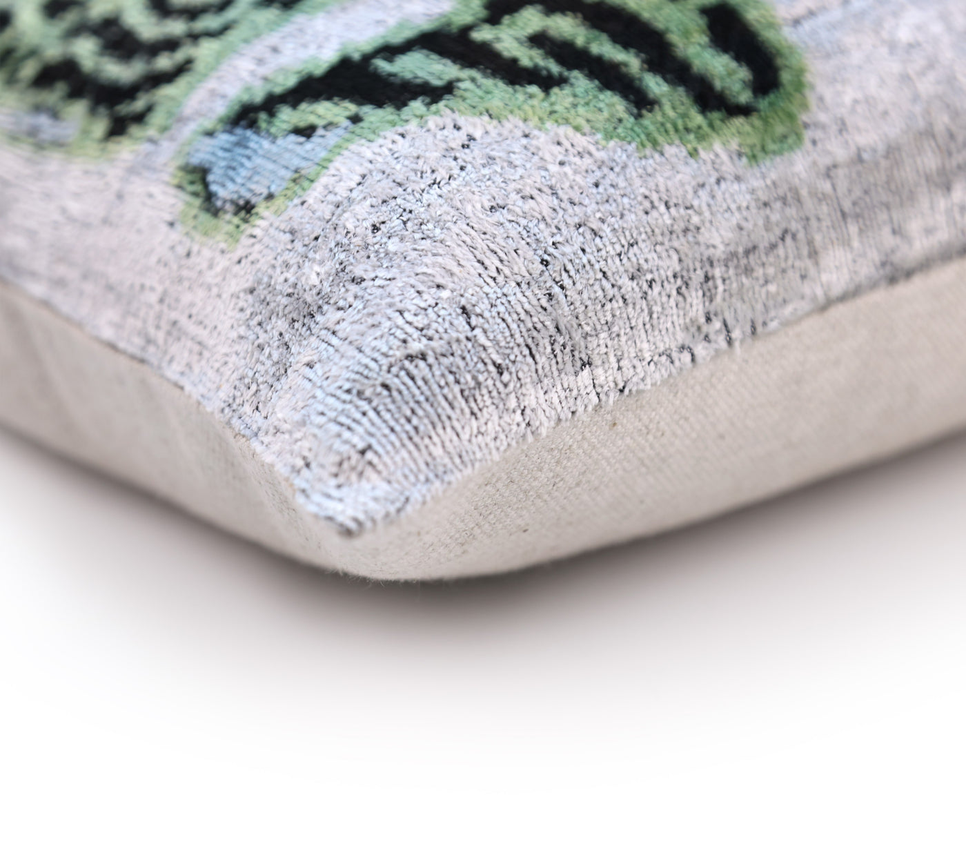 Handmade Green Tiger Velvet Lumbar Pillow 16x24 – Artisan Silk Cushion with Blue Accents