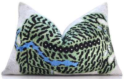 Handmade Green Tiger Velvet Lumbar Pillow 16x24 – Artisan Silk Cushion with Blue Accents