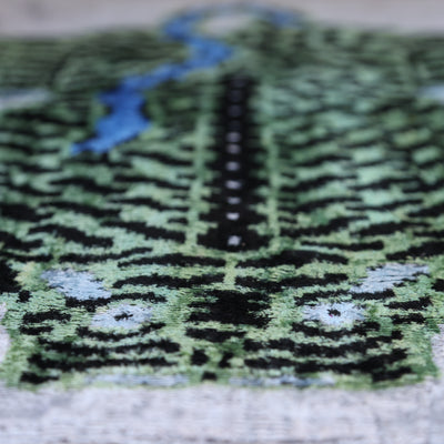 Handmade Green Tiger Velvet Lumbar Pillow 16x24 – Artisan Silk Cushion with Blue Accents