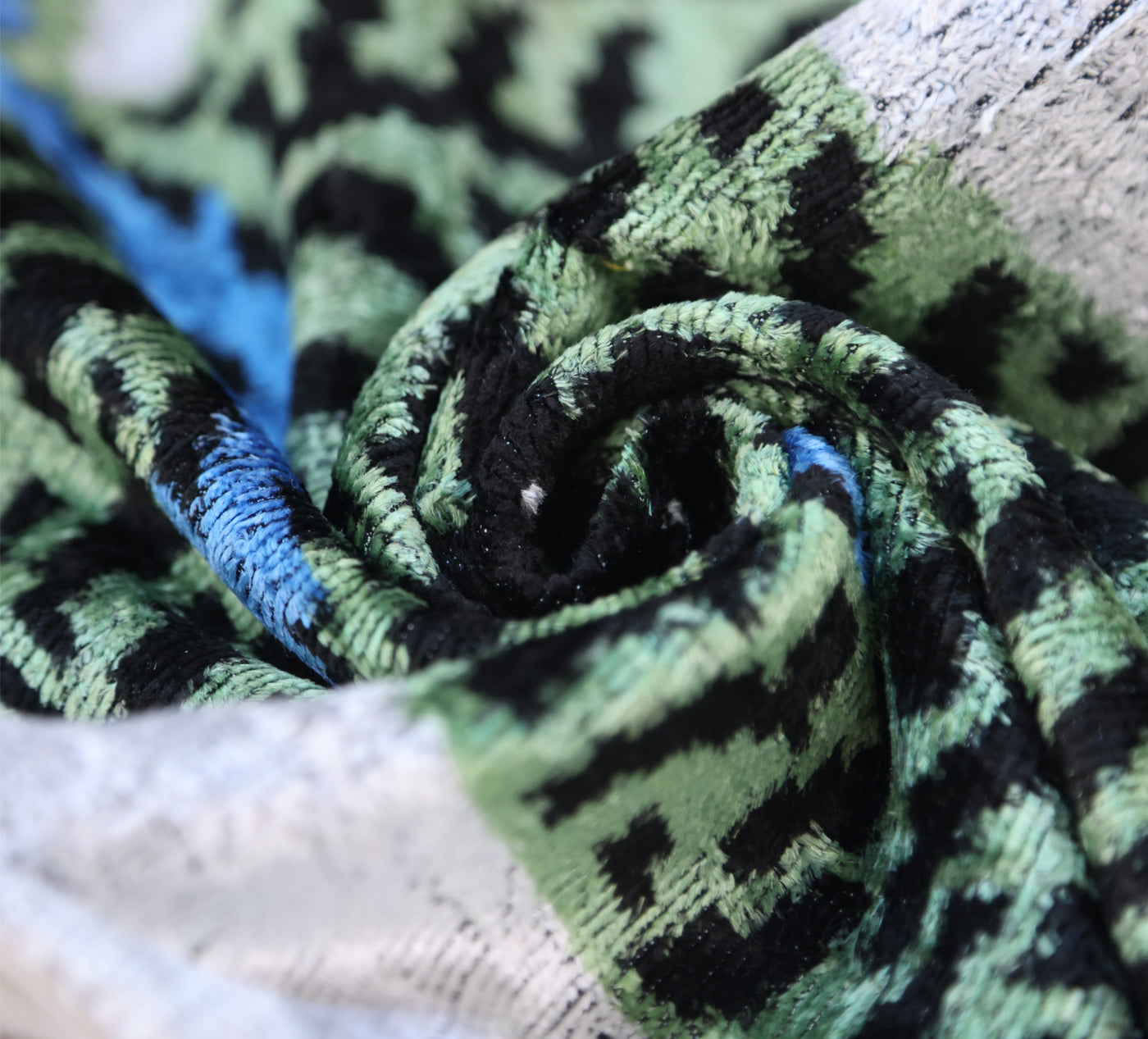 Handmade Green Tiger Velvet Lumbar Pillow 16x24 – Artisan Silk Cushion with Blue Accents