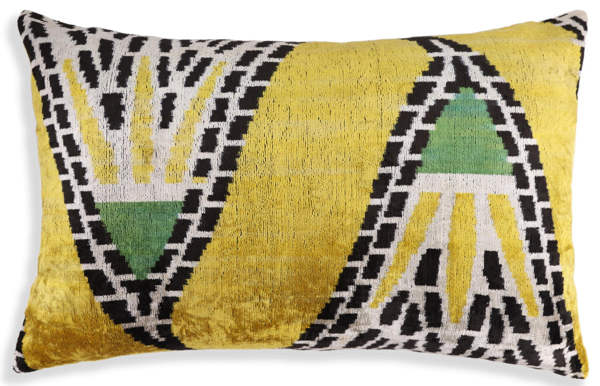 Luxury Yellow Silk Velvet Throw Pillow 16x24 – Handmade Geometric Designer Lumbar