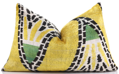 Luxury Yellow Silk Velvet Throw Pillow 16x24 – Handmade Geometric Designer Lumbar