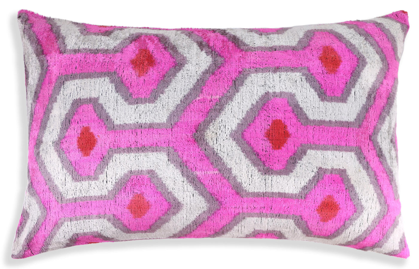 Luxury Silk Velvet Pillow 16x24 – Handmade Pink & Gray Geometric Lumbar Cushion with Red Accents