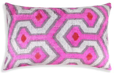 Luxury Silk Velvet Pillow 16x24 – Handmade Pink & Gray Geometric Lumbar Cushion with Red Accents
