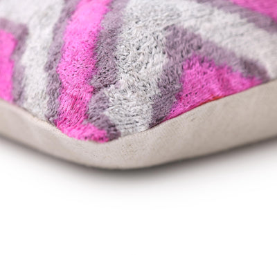 Luxury Silk Velvet Pillow 16x24 – Handmade Pink & Gray Geometric Lumbar Cushion with Red Accents