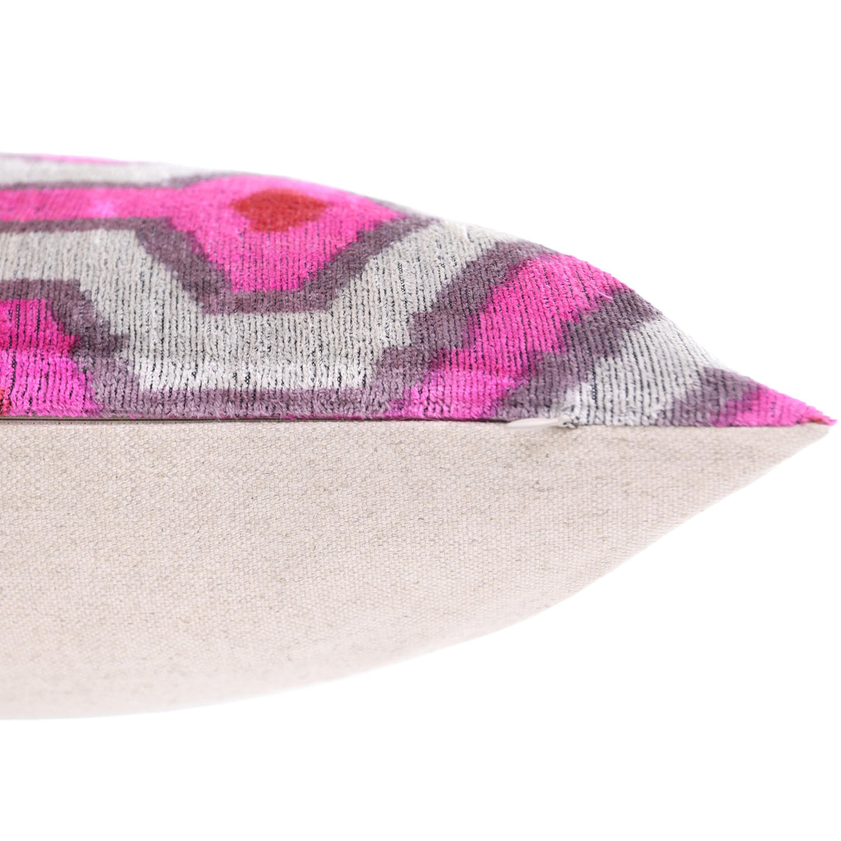 Luxury Silk Velvet Pillow 16x24 – Handmade Pink & Gray Geometric Lumbar Cushion with Red Accents