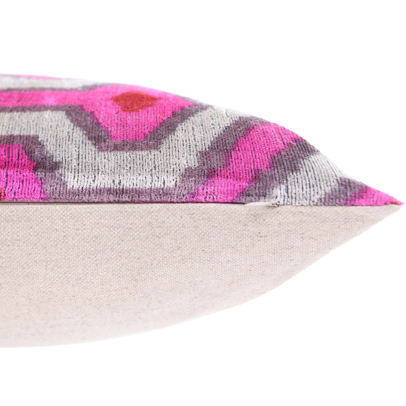 Luxury Silk Velvet Pillow 16x24 – Handmade Pink & Gray Geometric Lumbar Cushion with Red Accents