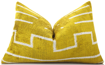 Handmade Mustard Yellow Velvet Lumbar Pillow 16x24 – Modern Geometric Designer Cushion