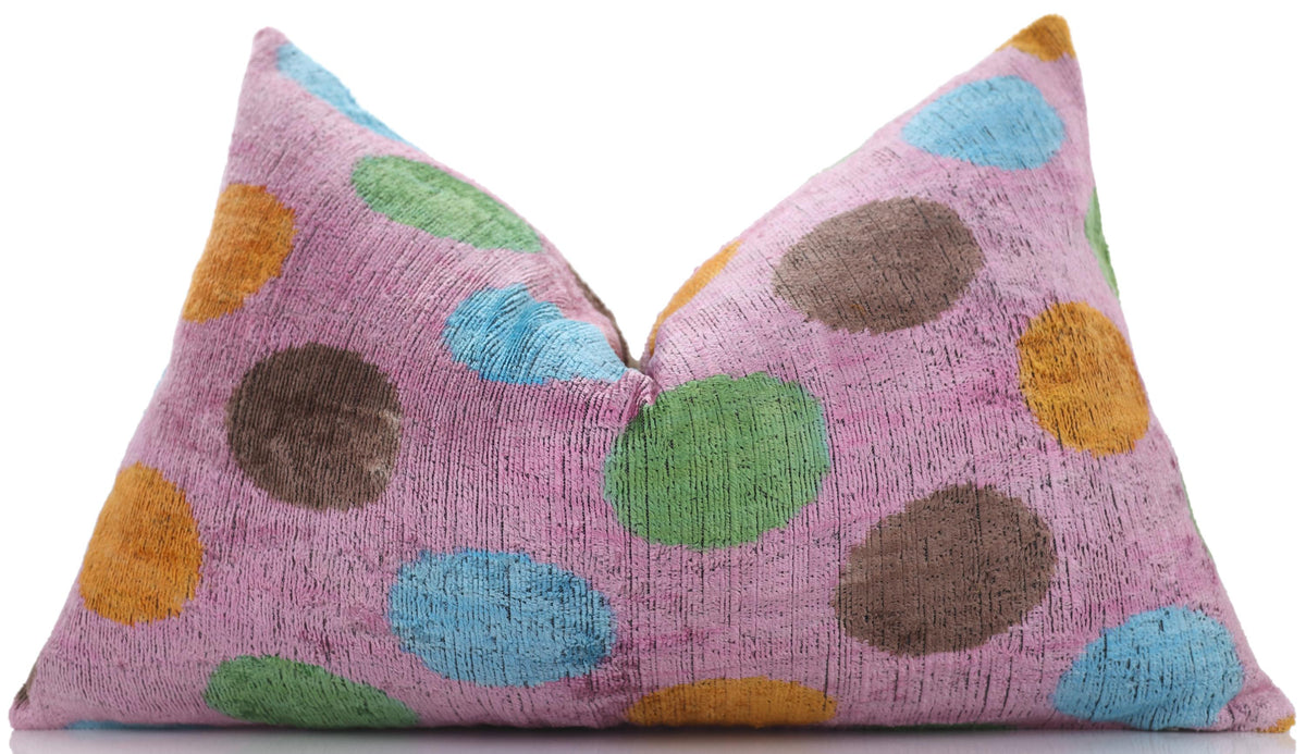 Luxury Polka Dot Silk Velvet Throw Pillow 16x24 – Handmade Multicolor Designer Lumbar