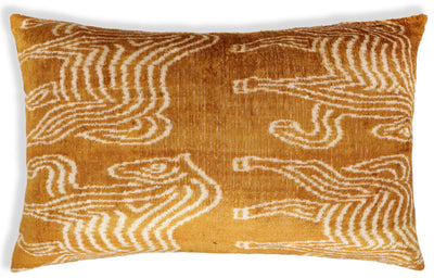 Luxury Golden Yellow Ikat Silk Velvet Throw Pillow 16x24 – Handmade Lumbar