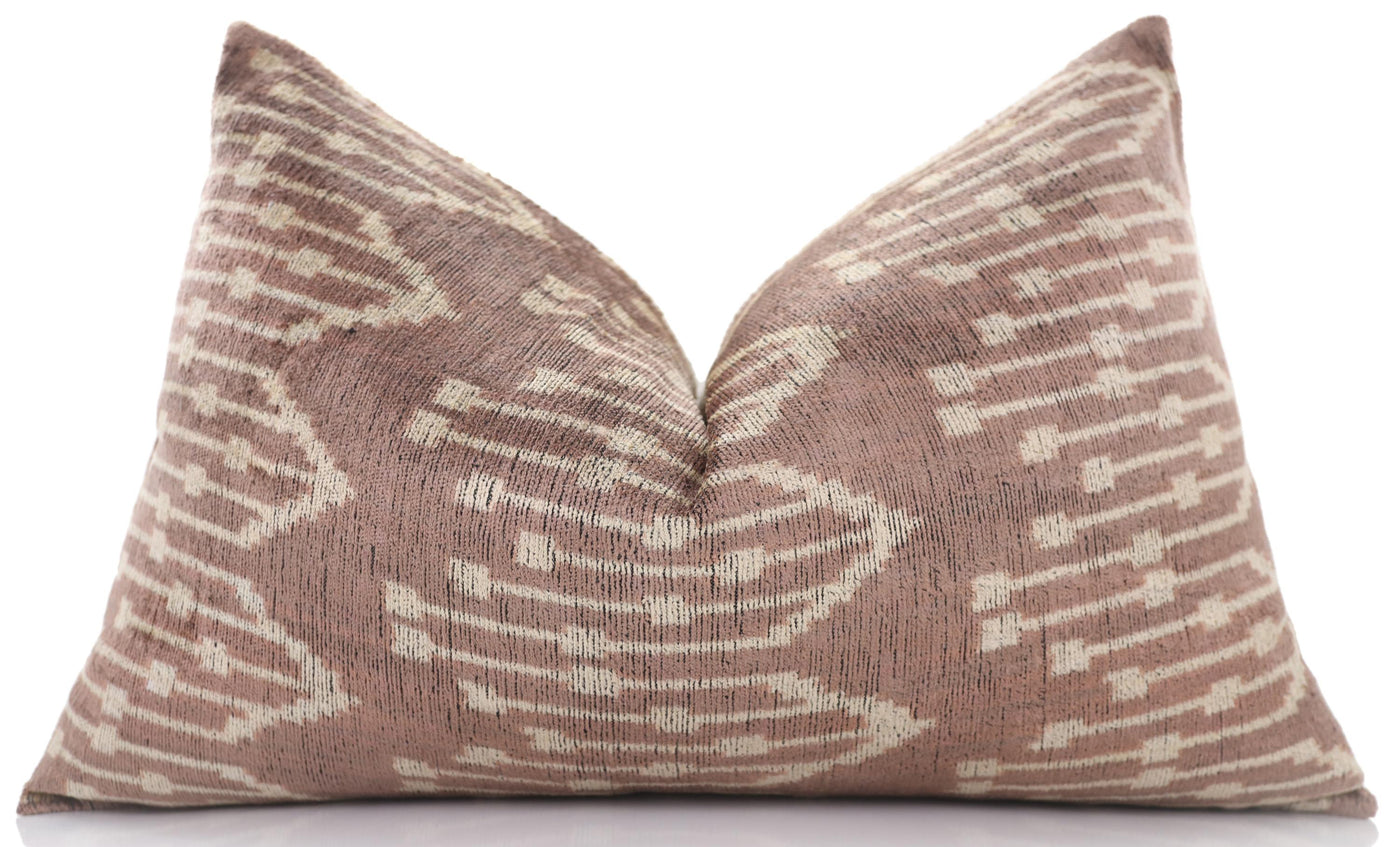 Luxury Silk Velvet Ikat Throw Pillow 16x24 – Taupe & Blush Handmade
