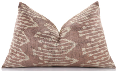 Luxury Silk Velvet Ikat Throw Pillow 16x24 – Taupe & Blush Handmade