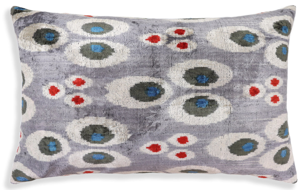 Luxury Gray Velvet Pillow 16x24 – Handmade Silk Lumbar Cushion with Modern Circle Motifs