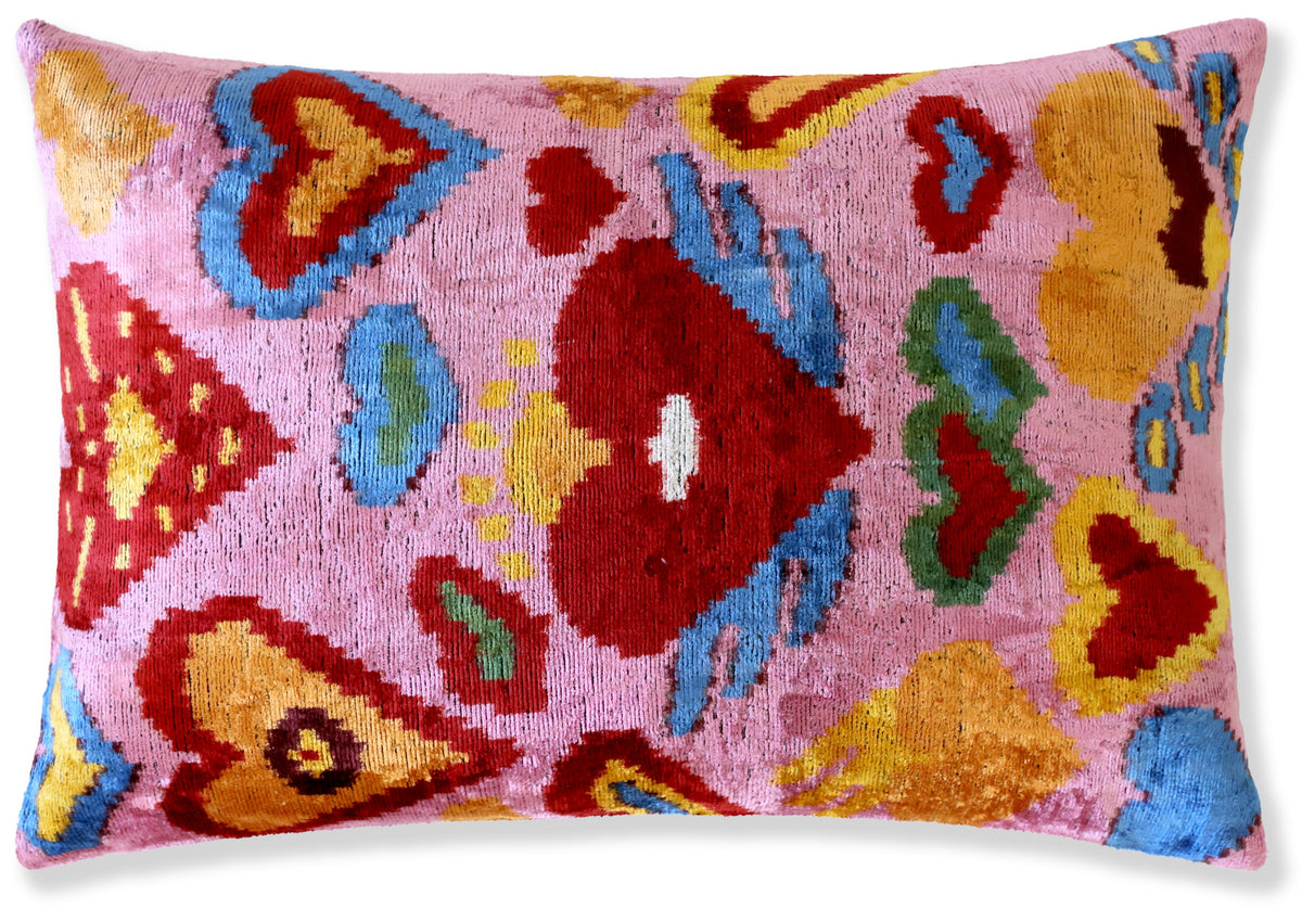 Pink Multicolor Floral Silk Velvet Lumbar Pillow – 16x24