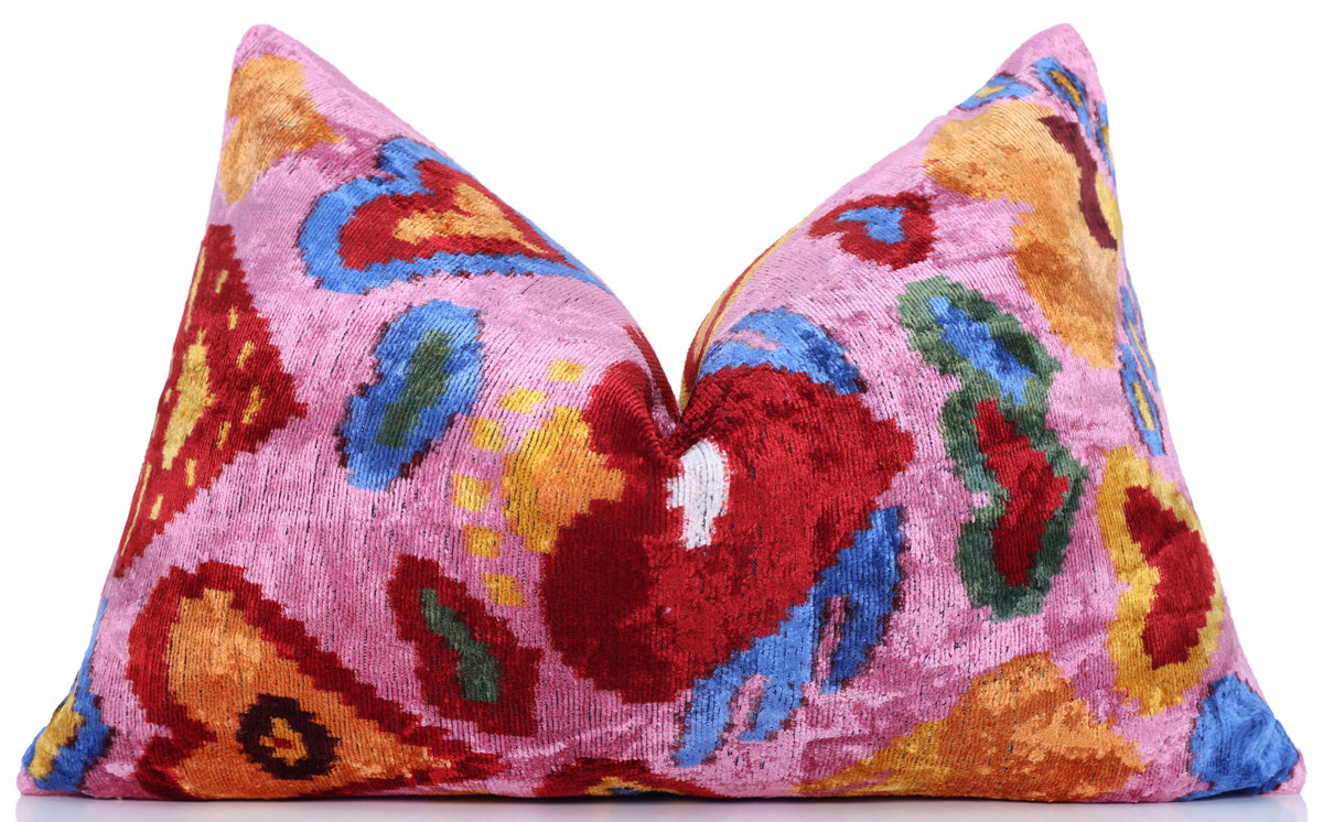 Pink Multicolor Floral Silk Velvet Lumbar Pillow – 16x24