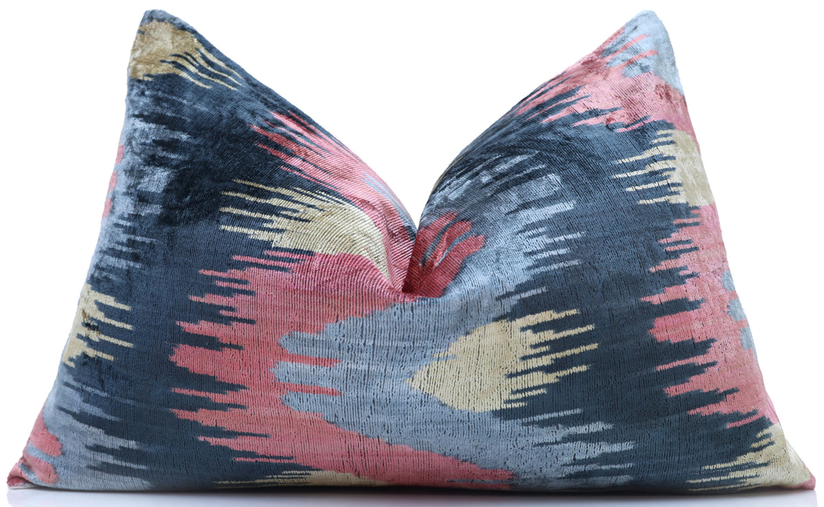 Slate Blue & Dusty Rose Abstract Silk Velvet Lumbar Pillow – 16x24