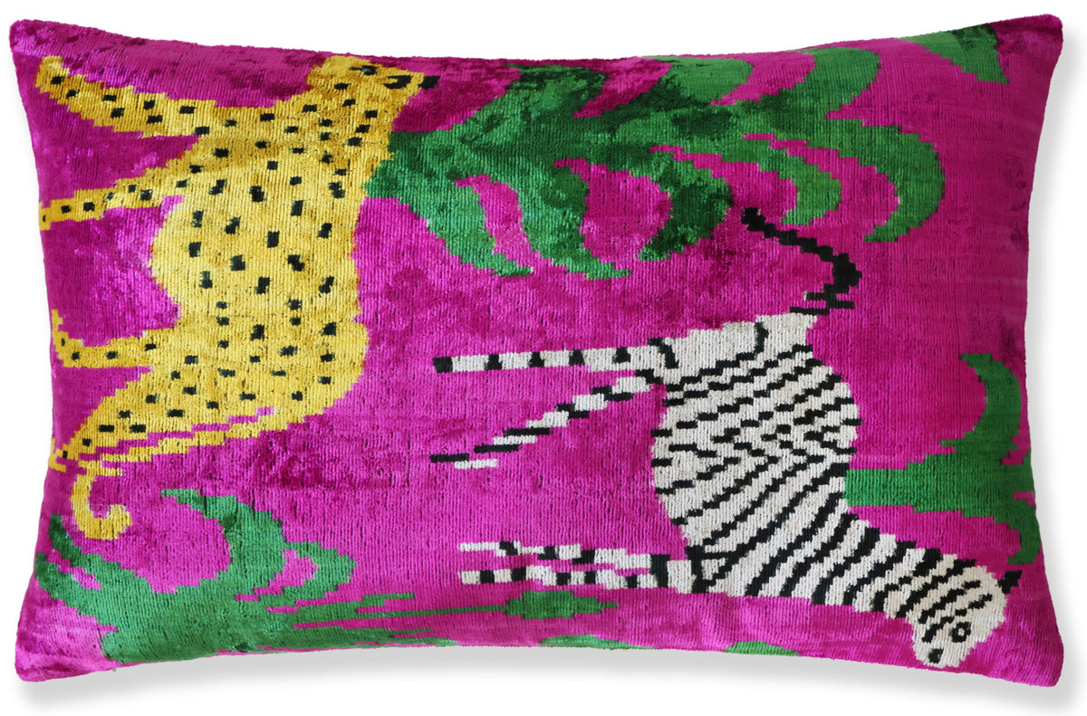 Zebra & Leopard Fuchsia Silk Velvet Lumbar Pillow – 16x24