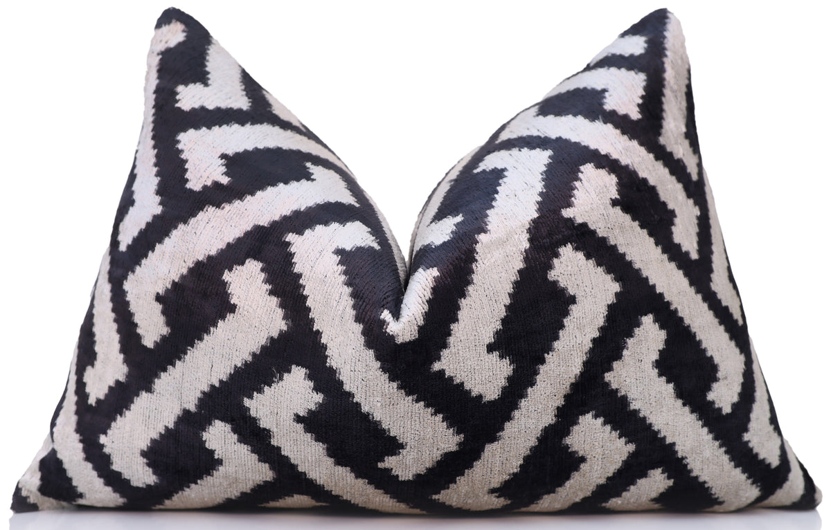 Black & Ivory Silk Velvet Geometric Lumbar Pillow – 16x24