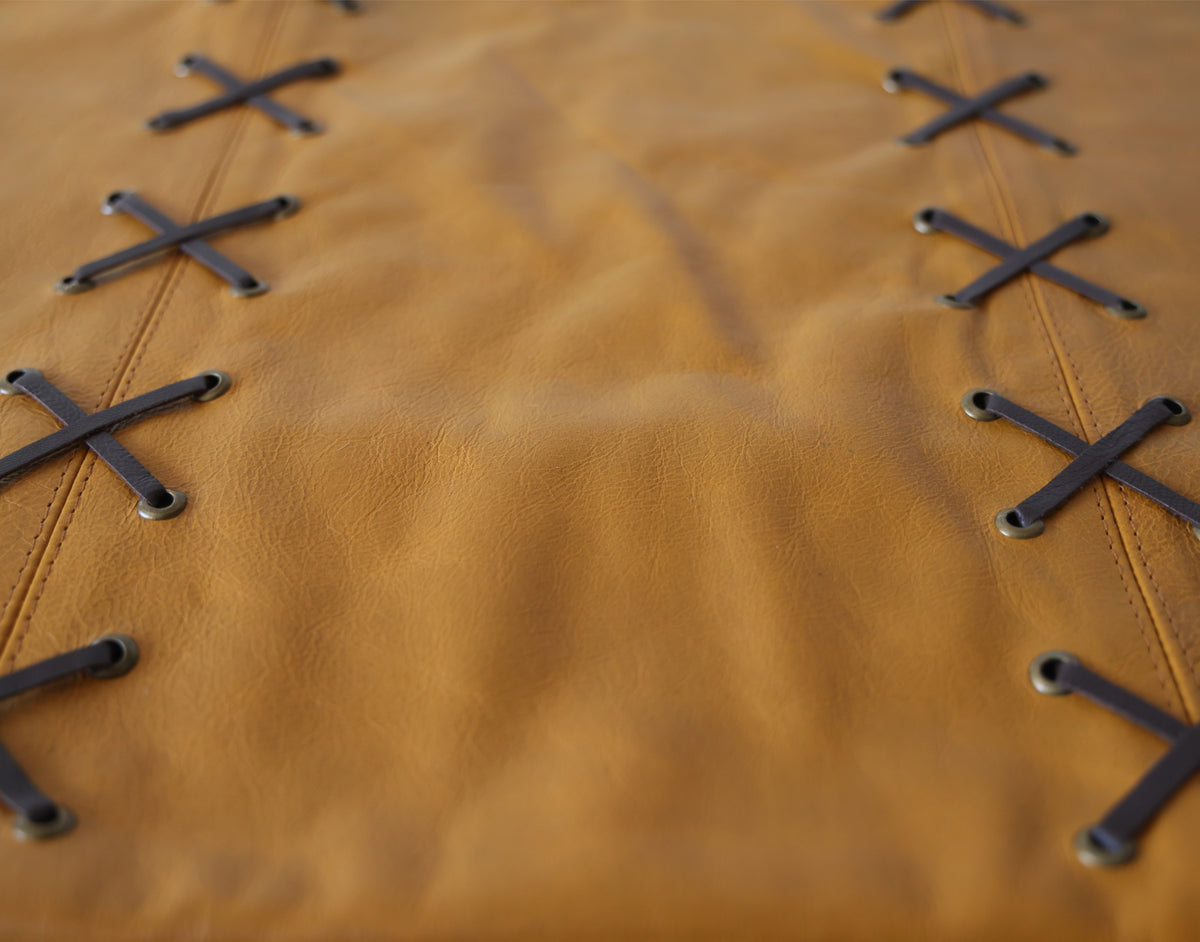 Luxury Camel Leather Lace Throw Pillow 16x24 | Handmade Designer Lumbar Cushion with Cross-Laced Detail