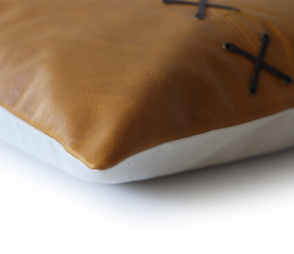 Luxury Camel Leather Lace Throw Pillow 16x24 | Handmade Designer Lumbar Cushion with Cross-Laced Detail