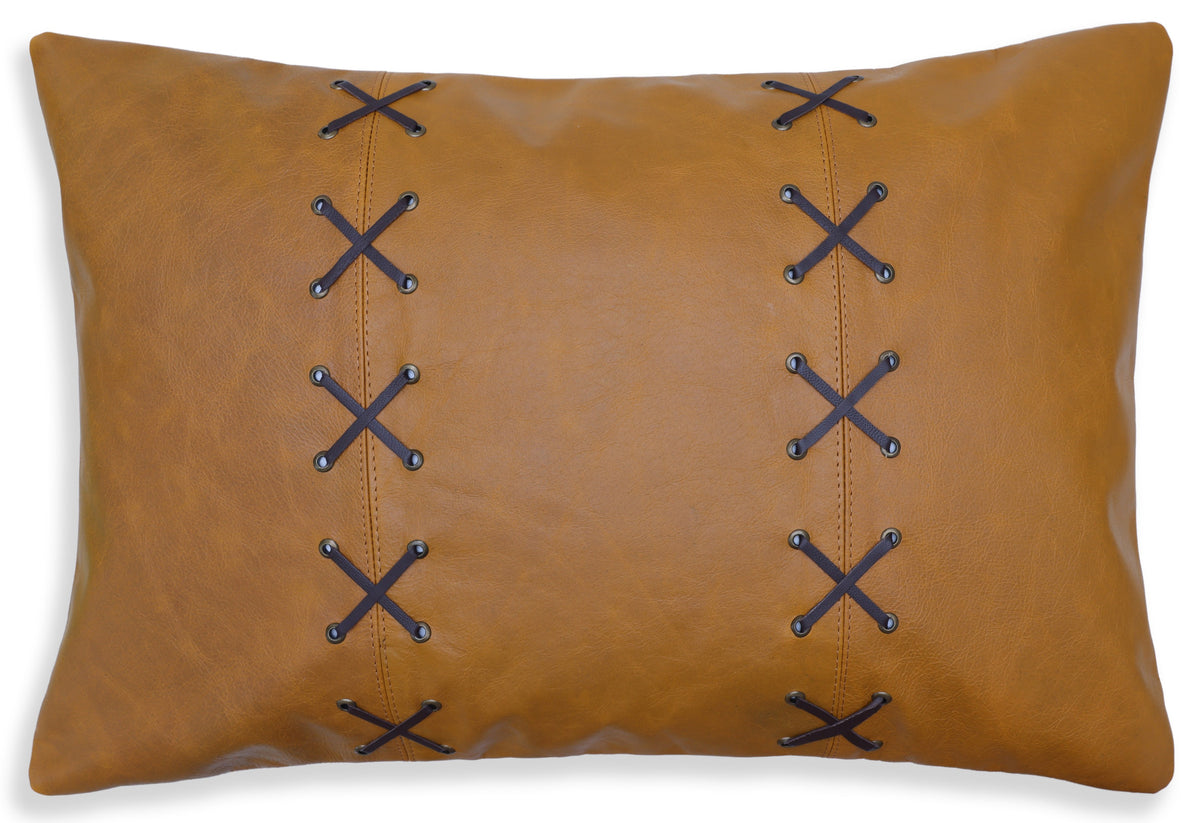 Luxury Camel Leather Lace Throw Pillow 16x24 | Handmade Designer Lumbar Cushion with Cross-Laced Detail