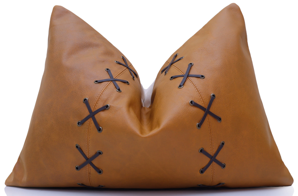 Luxury Camel Leather Lace Throw Pillow 16x24 | Handmade Designer Lumbar Cushion with Cross-Laced Detail