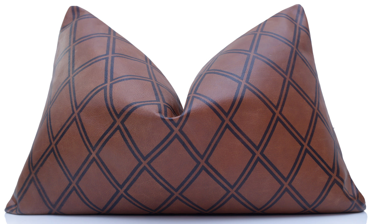 Luxury Brown Leather Geometric Throw Pillow 16x24 | Handmade Modern Designer Lumbar Cushion