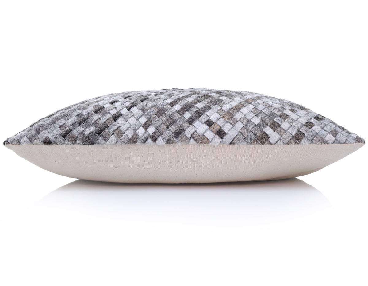 Luxury Gray & White Woven Cowhide Leather Throw Pillow 16x24 | Handmade Designer Lumbar Cushion