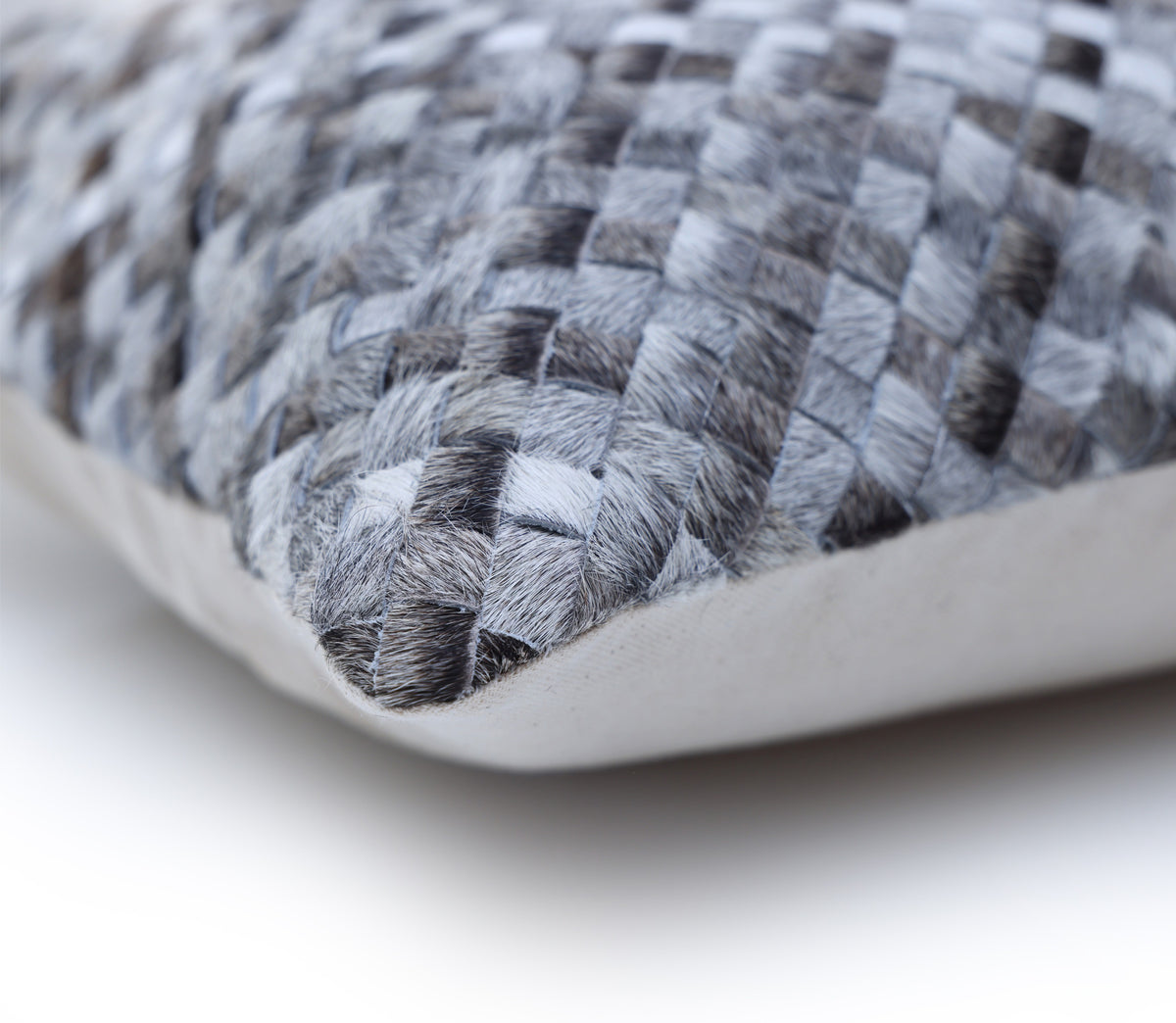 Luxury Gray & White Woven Cowhide Leather Throw Pillow 16x24 | Handmade Designer Lumbar Cushion