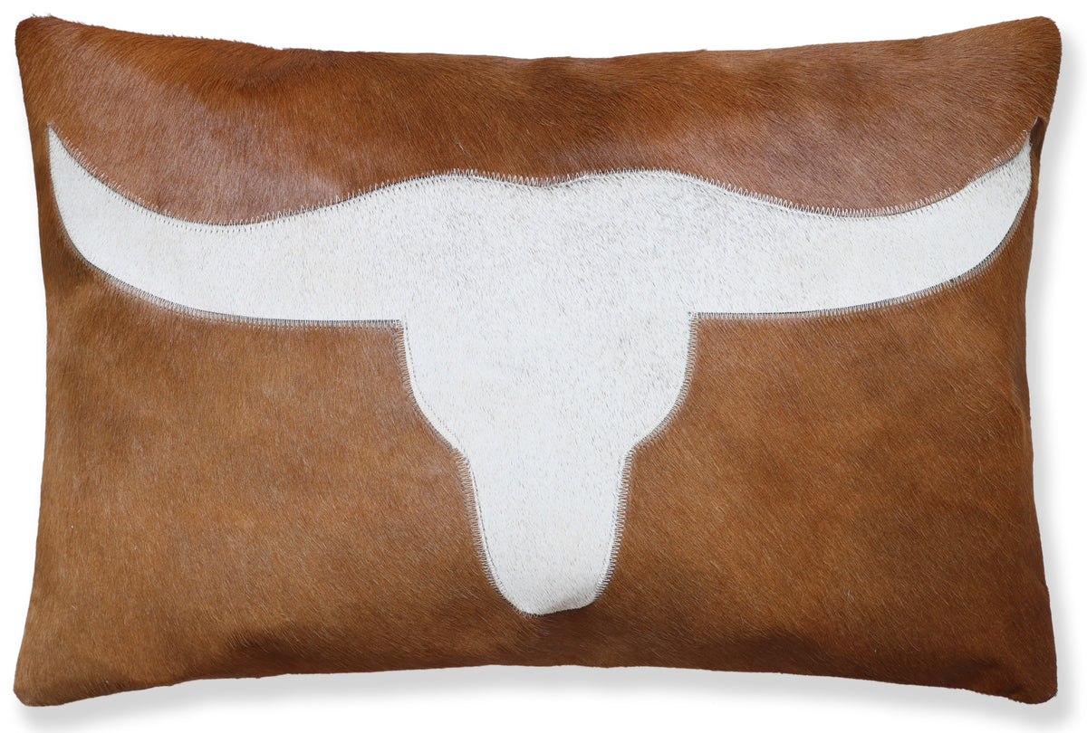 Luxury Longhorn Cowhide Leather Throw Pillow 16x24 | Handmade Western Designer Lumbar Cushion | Brown & Ivory