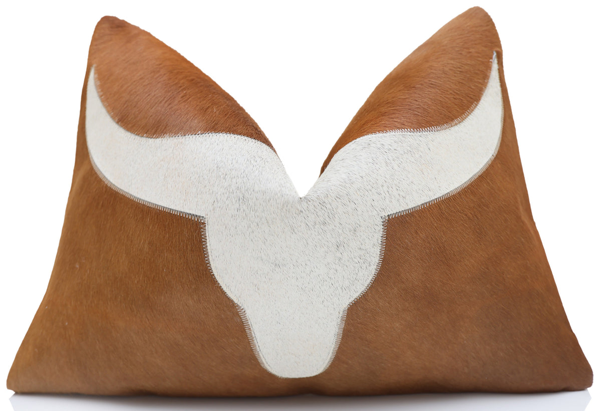 Luxury Longhorn Cowhide Leather Throw Pillow 16x24 | Handmade Western Designer Lumbar Cushion | Brown & Ivory