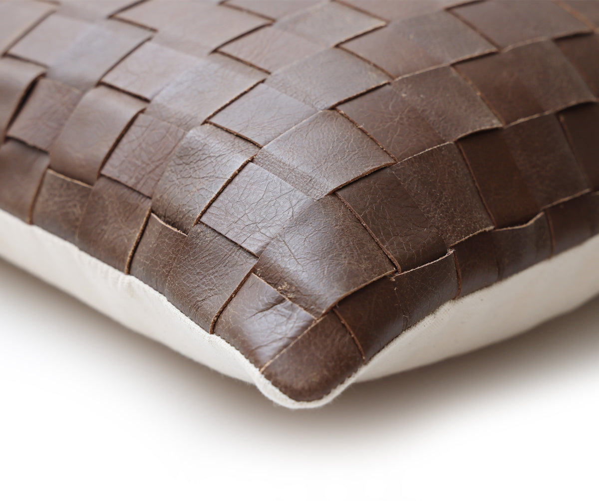 Luxury Handwoven Brown Genuine Leather Basket Weave Pillow 18x18 | Handmade Woven Leather Cushion