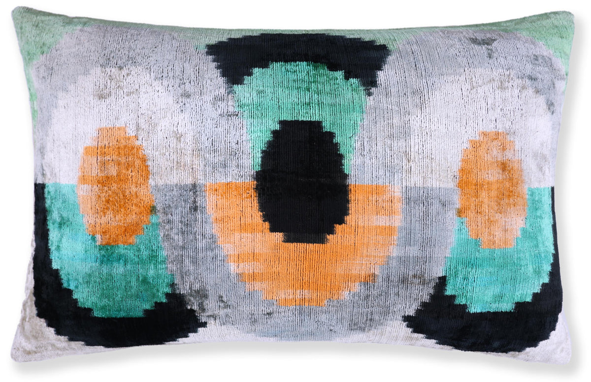Green Orange Abstract Silk Velvet Lumbar Pillow – 16x24 Handmade Modern Cushion