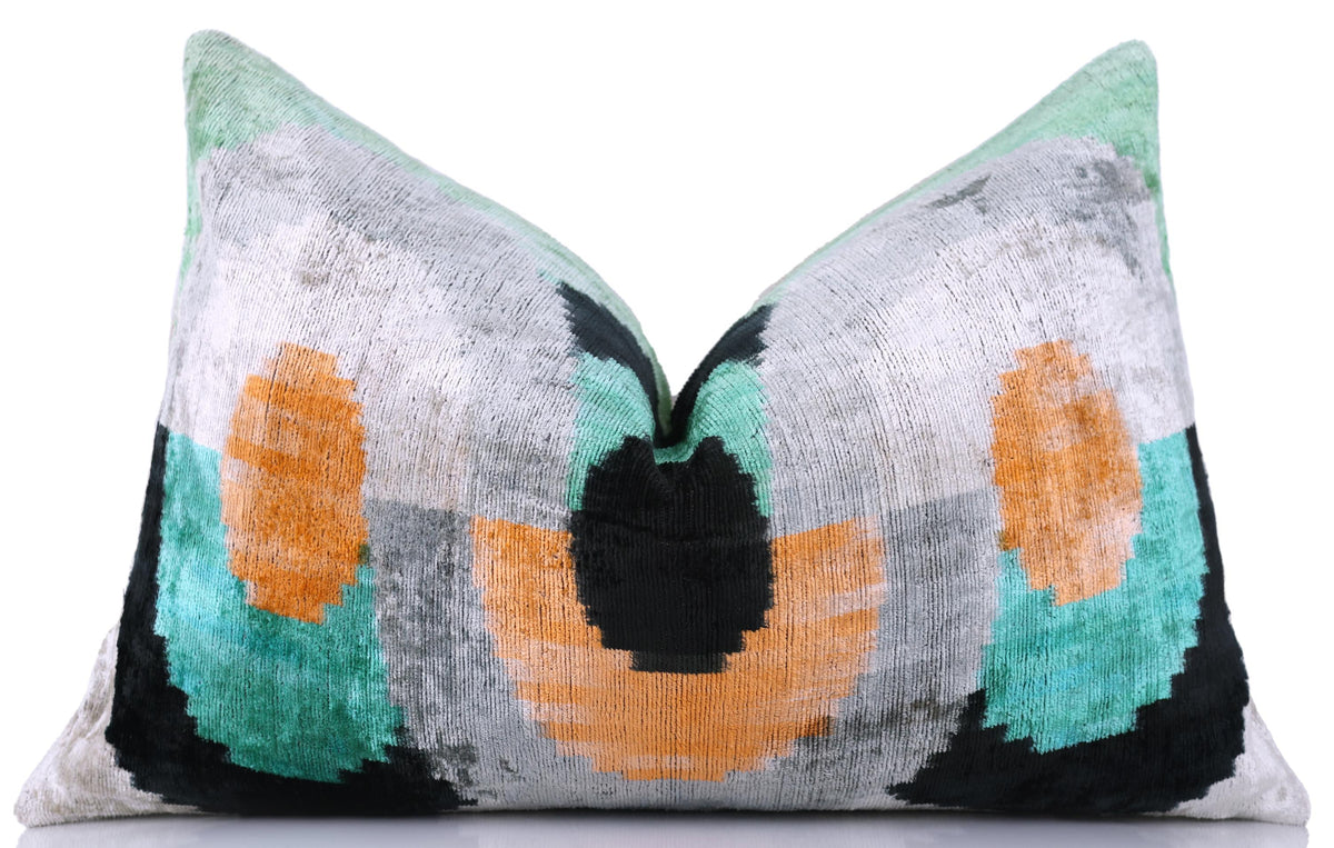 Green Orange Abstract Silk Velvet Lumbar Pillow – 16x24 Handmade Modern Cushion