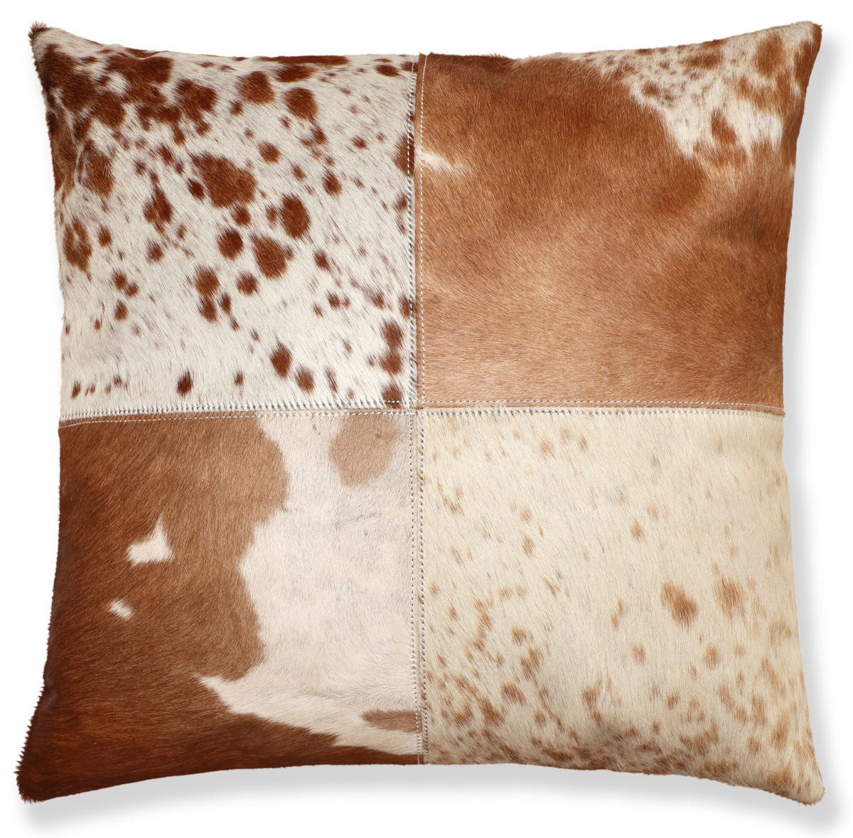 Luxury Brown & White Genuine Cowhide Patchwork Pillow 18x18 | Handmade Hair-On Leather Cushion