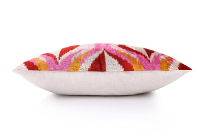 Pink Red Wave Silk Velvet Pillow – 20x20 Handmade Ikat Throw Cushion
