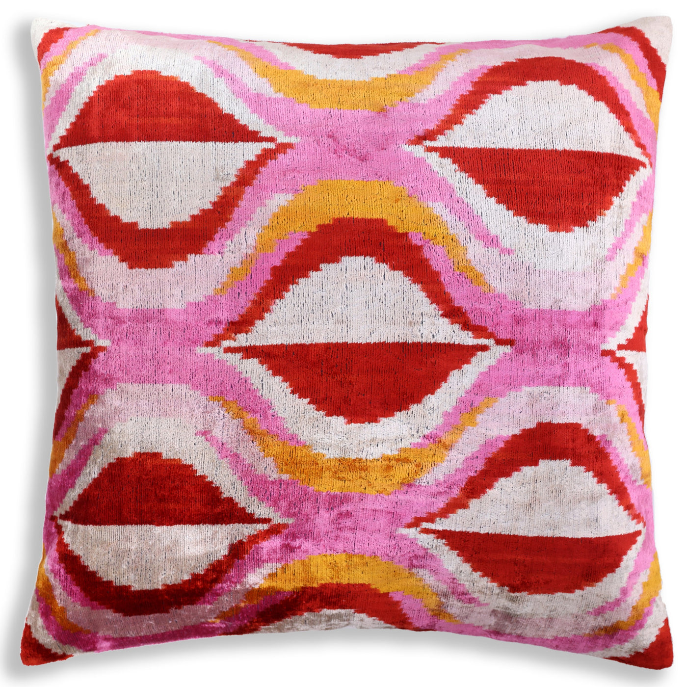 Pink Red Wave Silk Velvet Pillow – 20x20 Handmade Ikat Throw Cushion