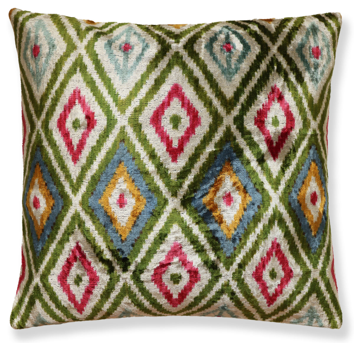 20x20 Multicolor Green Ikat Silk Velvet Pillow